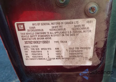 2002 GMC Sierra 1500 Sle из США, поврежденный, VIN 2GTEC19VX21138931